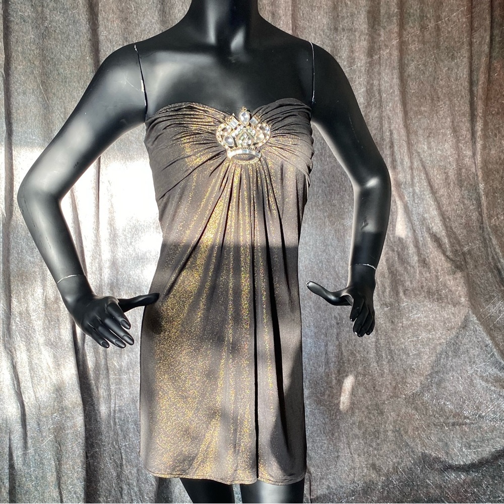 Black/Gold, Strapless, Loose Fitting Top W/Crown Detail